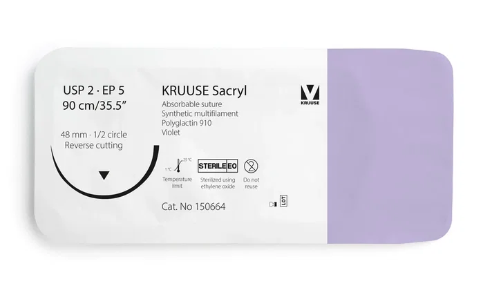 Kruuse Suture Sacryl 2 90cm avec aiguille 48mm 1/2 triangulaire violette Kruuse Suture Sacryl 2 90cm avec aiguille 48mm 1/2 triangulaire violette