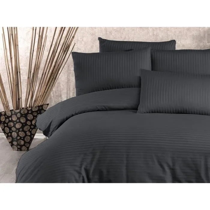 Parure de lit 220x240 cm anthracite - 1 housse de couette 220x240 cm + 2 taies d'oreiller 60x60 cm - 80% coton, 20% polyester, 229 fils