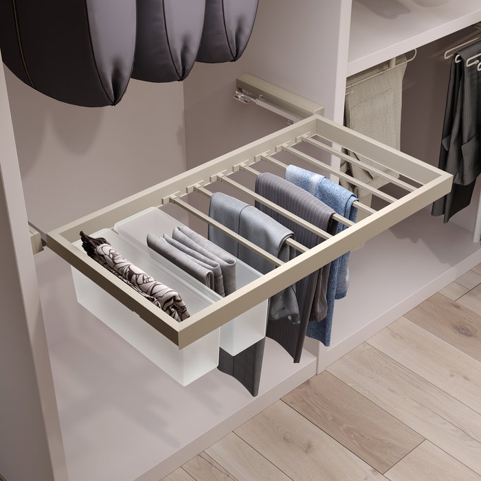 Emuca Kit de 7 tringles à pantalons, 2 plateaux et cadre coulissant à fermeture douce pour armoires, réglable, module 900mm, Gris pierre