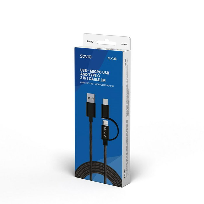 Savio Câble USB vers Micro USB et USB C CL-128 Noir 1 m Savio Câble USB vers Micro USB et USB C CL-128 Noir 1 m