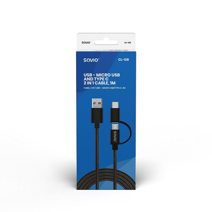 Savio Câble USB vers Micro USB et USB C CL-128 Noir 1 m Savio Câble USB vers Micro USB et USB C CL-128 Noir 1 m
