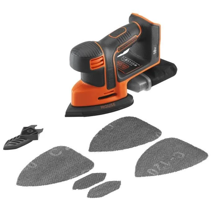 BLACK+DECKER BDCDS18N-XJ Ponceuse-détail sans fil 18V Mouse, 6 abrasifs inclus, système anti-poussière, sans batterie