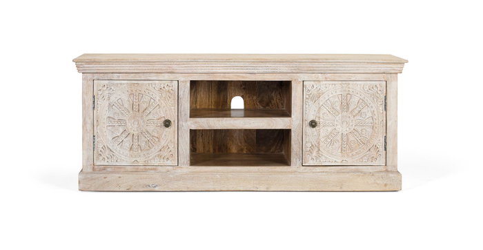 GINER Y COLOMER Meuble TV en bois de manguier avec 2 portes et 2 niches, couleur sable GINER Y COLOMER Meuble TV en bois de manguier avec 2 portes et 2 niches, couleur sable