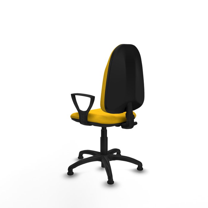 Chaise de bureau Algarra avec mécanisme de contact permanent de base, recouverte de tissu jaune. Équipée d'une base en polyamide noir, d'accoudoirs fixes et de butées.