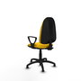 Chaise de bureau Algarra avec mécanisme de contact permanent de base, recouverte de tissu jaune. Équipée d'une base en polyamide noir, d'accoudoirs fixes et de butées.