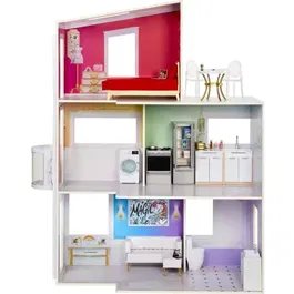 Rainbow High Townhouse - Maison de poupée en bois 3 étages 6 pièces avec ascenseur fonctionnel et meubles - Maison Rainbow High pour figurines