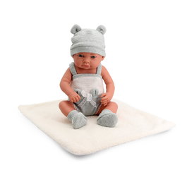 TACHAN Poupée bébé réaliste 40 cm en gris avec ensemble tricot - bonnet, bavoir et chaussons - yeux clairs, peau mate - version multilingue