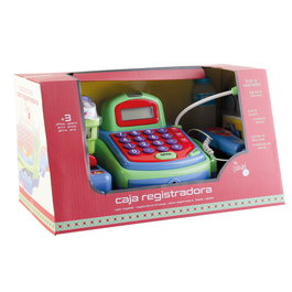 Tachan Caja Registradora Bleue pour Enfants - Caissière Supermarché avec Microphone, Calculatrice, Lecteur de Codes et Monnaie Factice - Multilingue