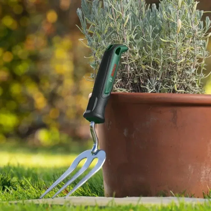 Bosch Fourche à Main pour Jardin - Outil Compact en Acier Inoxydable pour Creuser, Aérer la Terre et Planter
