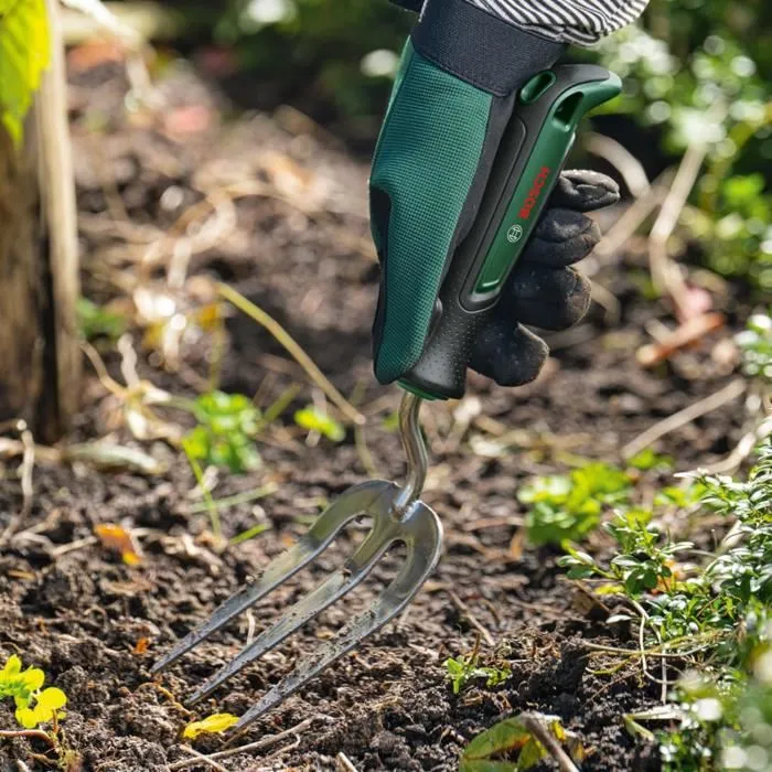 Bosch Fourche à Main pour Jardin - Outil Compact en Acier Inoxydable pour Creuser, Aérer la Terre et Planter