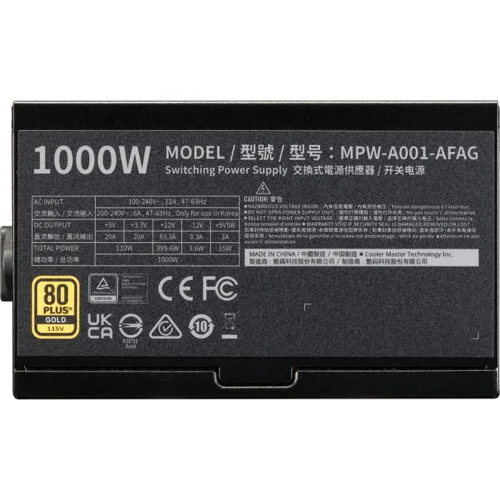 Cooler Master Elite Gold 1000W Alimentation PC - 80 Plus Gold - Full Modulaire - Compatible ATX 3.1 & PCIe 5.1 - Pour Gaming et Configurations Haut de Gamme