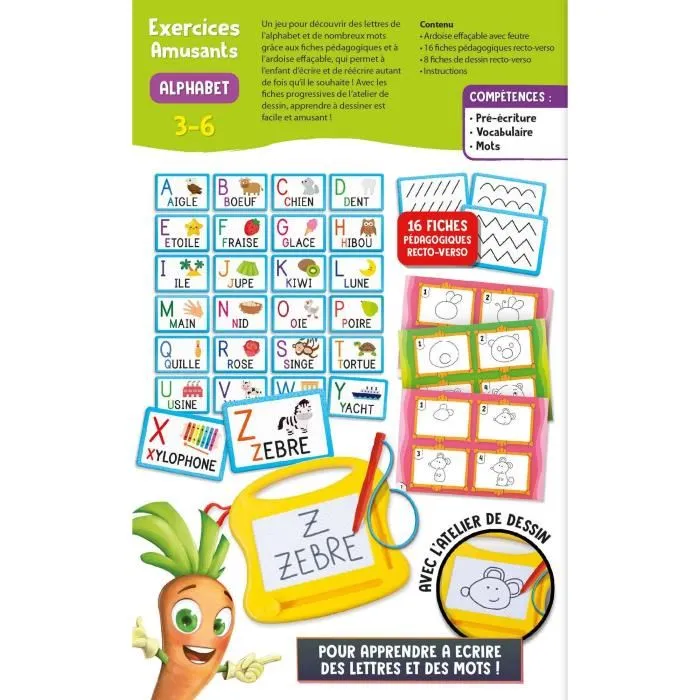 Lisciani Giochi CAROTINA Mini ardoise magique Alphabet éducatif - Apprentissage lettres, dessin, écriture pour enfants 3-6 ans avec fiches pédagogiques réutilisables