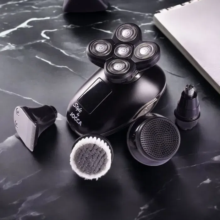 JOCCA - Kit de Rasage et Soin Visage Barbe et Moustache 1602, 5 Têtes Interchangeables, Tondeuse Nez et Oreilles, Autonomie 1h, Charge USB, Batterie Lithium-Polymère 600 mAh 3.7 V
