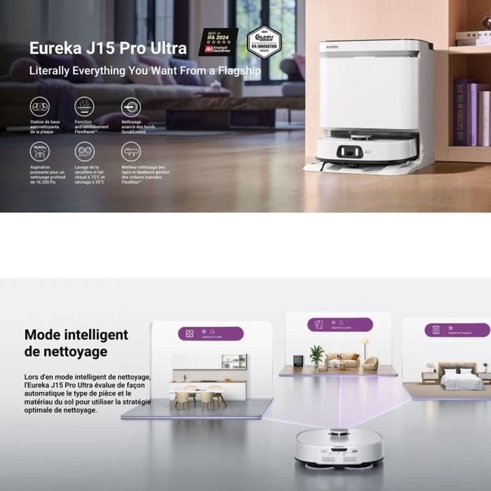 Eureka J15 Pro Ultra - Robot aspirateur laveur 16 200 Pa avec lavage à l'eau chaude 75°C Eureka J15 Pro Ultra - Robot aspirateur laveur 16 200 Pa avec lavage à l'eau chaude 75°C
