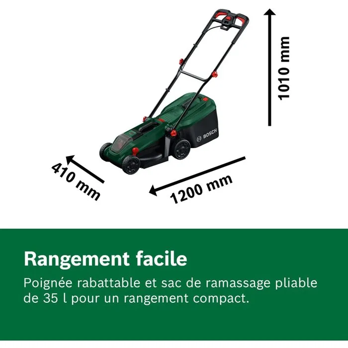 Bosch Rotak 18V-32 Tondeuse à gazon sans fil - 18V, coupe 32 cm, sac 35 L, fonction mulching, batterie et chargeur inclus Bosch Rotak 18V-32 Tondeuse à gazon sans fil - 18V, coupe 32 cm, sac 35 L, fonction mulching, batterie et chargeur inclus