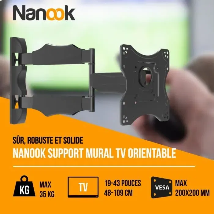 Nanook Support Mural TV Orientable et Inclinable pour Téléviseurs 19 à 43 Pouces - Rotation 90° - Compatible LCD LED QLED OLED - Charge Max 45 kg
