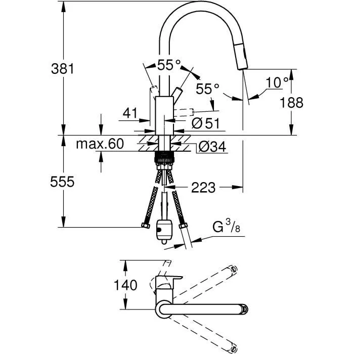 Grohe Mitigeur monocommande Evier avec douchette extractible 2 jets