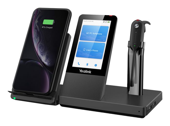 Yealink WH67 - Casque DECT sans fil tout-en-un avec écran tactile 4" (480x800), Bluetooth, USB 3.0, station d'accueil de téléphonie UC, recharge Qi et compatible Microsoft Teams