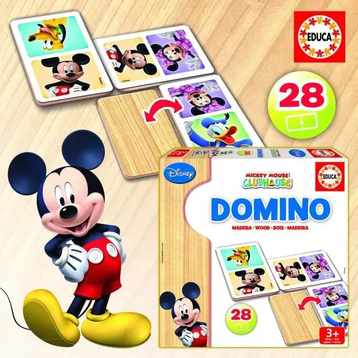 Educa Domino en bois Mickey et ses amis, 28 pièces, jeu éducatif pour enfants dès 3 ans, multicolore, dimensions 23 x 23 x 5 cm
