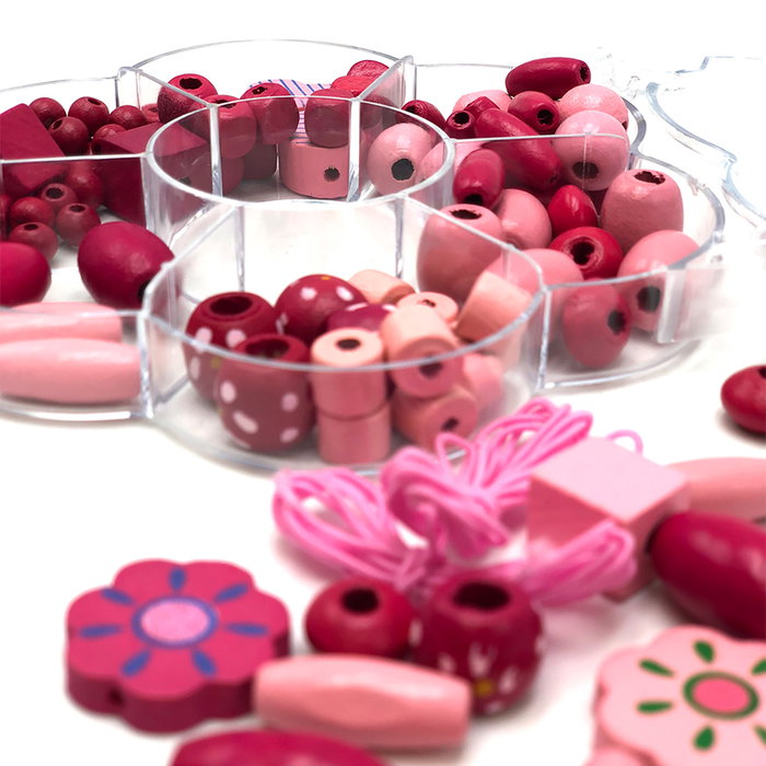 TACHAN - Kit de perles en bois roses pour créer des bracelets et colliers - Multilangue (Anglais, Français, Allemand, Italien, Portugais, Espagnol) - À partir de 5 ans