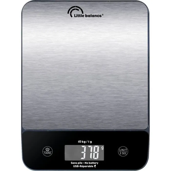 Little Balance Balance de cuisine Happy Genius 10 Inox, rechargeable USB, rétroéclairée, capacité 10 kg / précision 1 g, design incliné avec rangement de câble Little Balance Balance de cuisine Happy Genius 10 Inox, rechargeable USB, rétroéclairée, capacité 10 kg / précision 1 g, design incliné avec rangement de câble