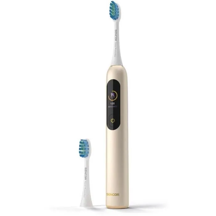 Sencor SOC 5011GD Brosse à dents électrique - Affichage numérique, 4 modes, 38000 mouvements/min, capteur de pression, autonomie 30 jours, étanche IPX7, charge USB-C Sencor SOC 5011GD Brosse à dents électrique - Affichage numérique, 4 modes, 38000 mouvements/min, capteur de pression, autonomie 30 jours, étanche IPX7, charge USB-C
