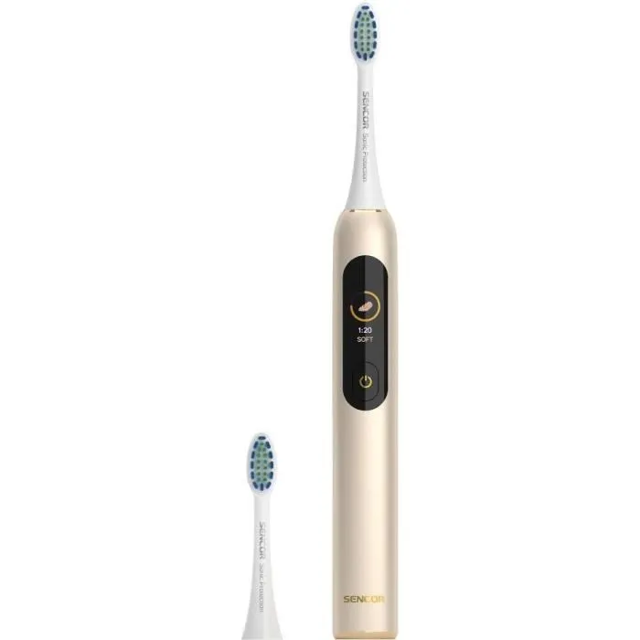 Sencor SOC 5011GD Brosse à dents électrique - Affichage numérique, 4 modes, 38000 mouvements/min, capteur de pression, autonomie 30 jours, étanche IPX7, charge USB-C Sencor SOC 5011GD Brosse à dents électrique - Affichage numérique, 4 modes, 38000 mouvements/min, capteur de pression, autonomie 30 jours, étanche IPX7, charge USB-C