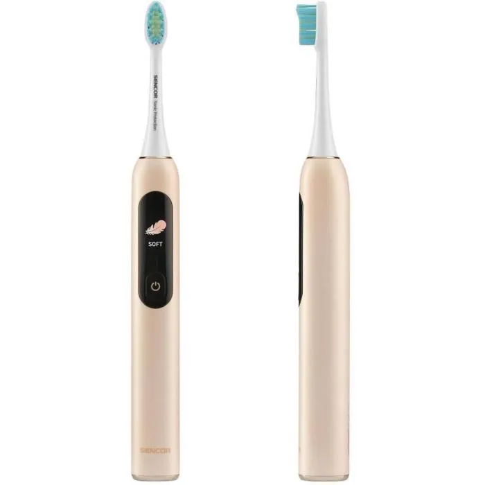 Sencor SOC 5011GD Brosse à dents électrique - Affichage numérique, 4 modes, 38000 mouvements/min, capteur de pression, autonomie 30 jours, étanche IPX7, charge USB-C Sencor SOC 5011GD Brosse à dents électrique - Affichage numérique, 4 modes, 38000 mouvements/min, capteur de pression, autonomie 30 jours, étanche IPX7, charge USB-C