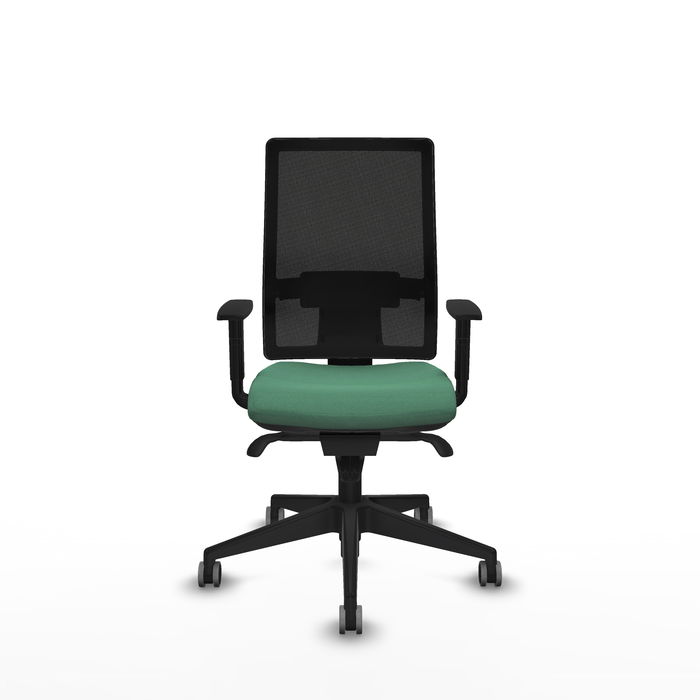 Chaise Horna Synchro 5 positions tissu Vert émeraude Maille Noir Base pyramidale noire Accoudoir 1D Sans appui-tête Roulettes 65mm pour moquette