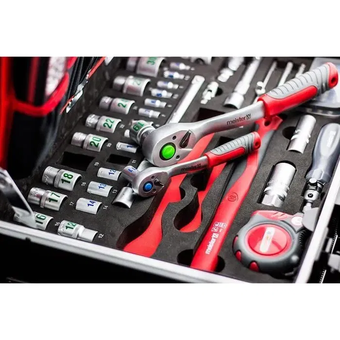 Meister - Boîte à outils 156 pièces complète avec tournevis, clés, pinces, marteau, scie et testeur, boîtier aluminium
