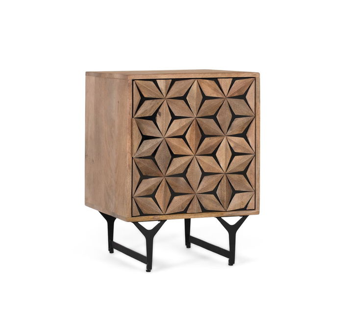 GINER Y COLOMER - Table de chevet ou table auxiliaire en bois de manguier massif avec porte à motif géométrique sculpté à la main - Style rustique, moderne ou nordique