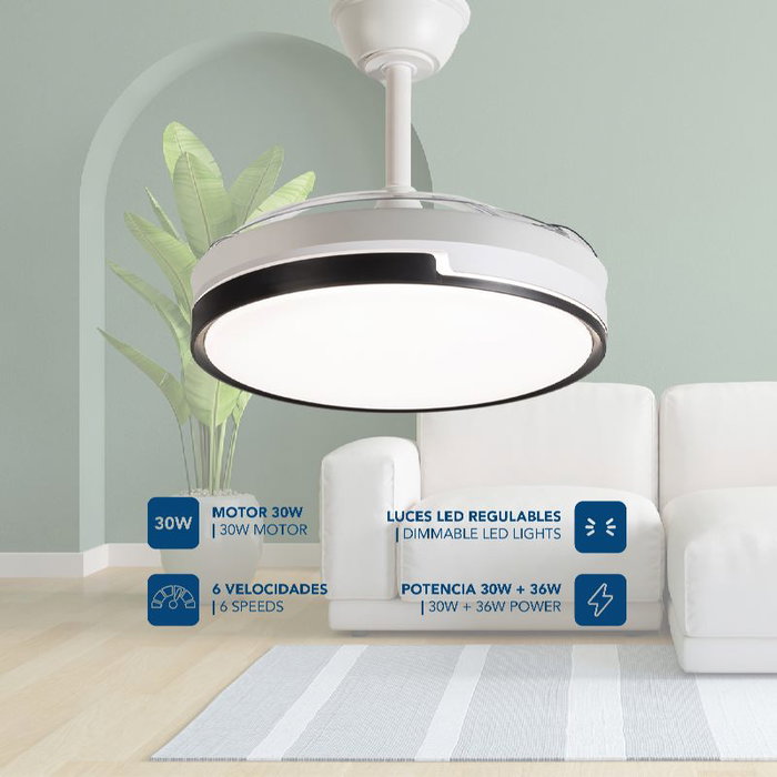 DAEWOO Ventilateur de plafond avec lames rétractables, moteur 30W et LED 25W