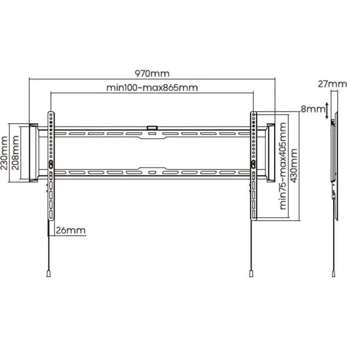 Stell Support TV Mural Fixe SHO 7210 - Support pour Téléviseurs 43 à 90 Pouces, Charge 75 kg, Montage Extra-Plat 2.7 cm, Compatible VESA, Acier Noir