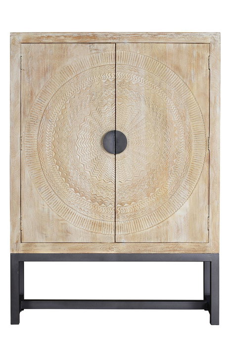 GINER Y COLOMER - Armoire 2 portes en bois de manguier et métal, finition blanc vieilli, portes sculptées, 2 étagères - 176x124x42 cm - À monter