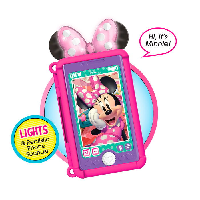 Just Play Téléphone Mobile Minnie Mouse Chat With Me 89876 - Jouet avec Sons et Lumières, Multilingue (Anglais, Français, Allemand, Italien, Portugais, Espagnol)