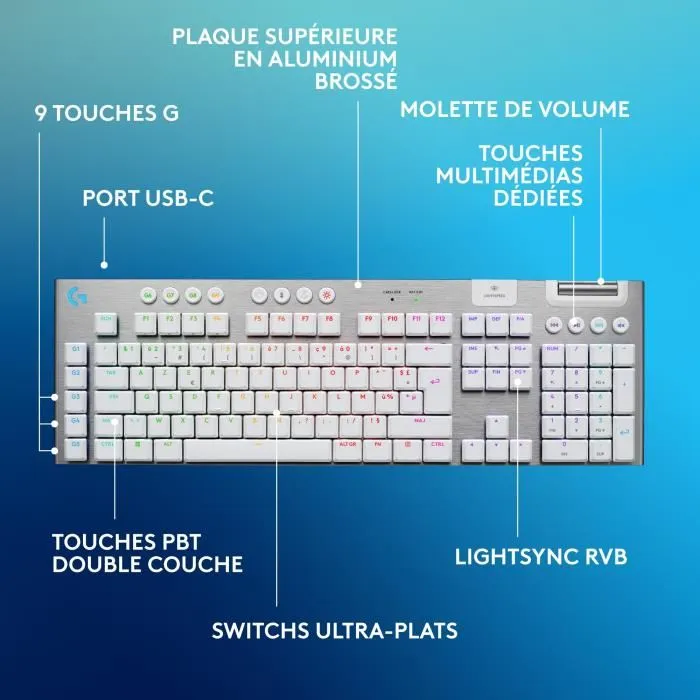 Logitech G - Clavier Gamer Sans Fil Mécanique G915 X AZERTY Rétroéclairé - Tactile - 810 g - LIGHTSPEED - Blanc
