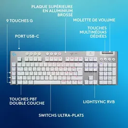 Logitech G - Clavier Gamer Sans Fil Mécanique G915 X AZERTY Rétroéclairé - Tactile - 810 g - LIGHTSPEED - Blanc