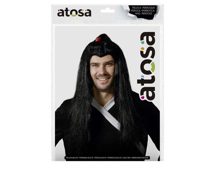 Peluca - Perruque Longue Noire Style Samurai avec Coiffe et Ornement Rouge - Pour Cosplay et Costume - 200 g Peluca - Perruque Longue Noire Style Samurai avec Coiffe et Ornement Rouge - Pour Cosplay et Costume - 200 g