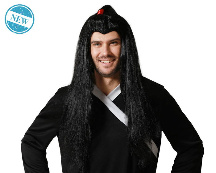 Peluca - Perruque Longue Noire Style Samurai avec Coiffe et Ornement Rouge - Pour Cosplay et Costume - 200 g Peluca - Perruque Longue Noire Style Samurai avec Coiffe et Ornement Rouge - Pour Cosplay et Costume - 200 g