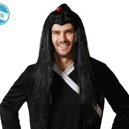 Peluca - Perruque Longue Noire Style Samurai avec Coiffe et Ornement Rouge - Pour Cosplay et Costume - 200 g