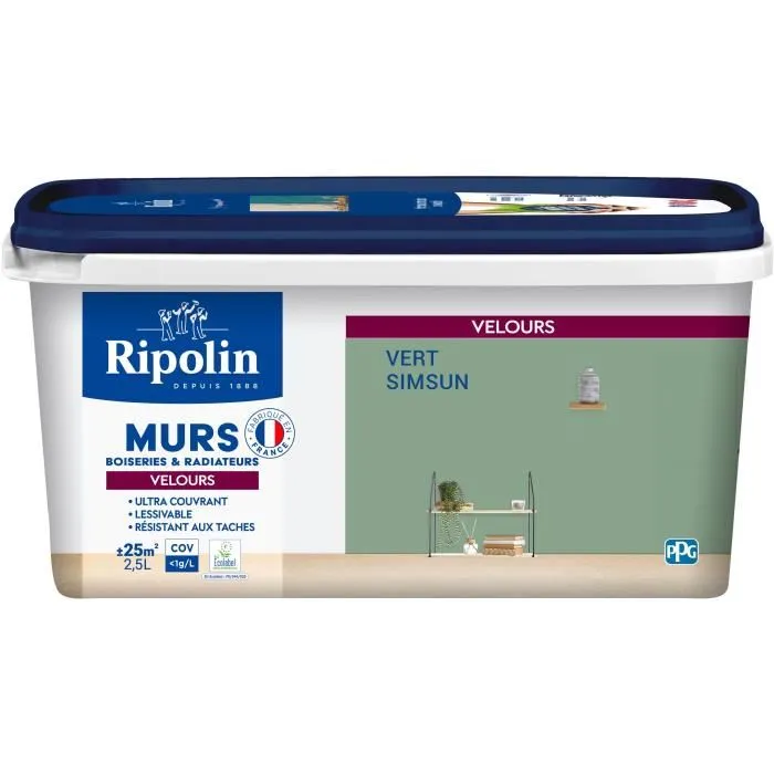 Ripolin Peinture Intérieure Acrylique Lessivable Haute Opacité - Vert Simsun - 2,5L - Rendement 25 m² - Pour Murs, Bois et Radiateurs Ripolin Peinture Intérieure Acrylique Lessivable Haute Opacité - Vert Simsun - 2,5L - Rendement 25 m² - Pour Murs, Bois et Radiateurs