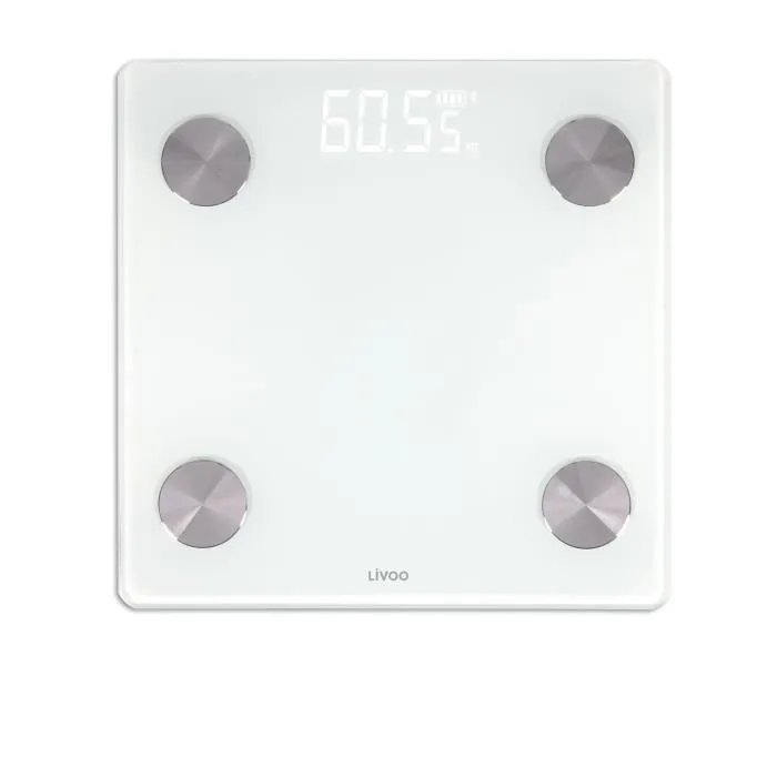 Livoo DOM528W - Pèse-personne impédancemètre connecté Bluetooth - 180 kg max - 17 indicateurs de santé - Écran LED - 8 profils utilisateurs - Blanc