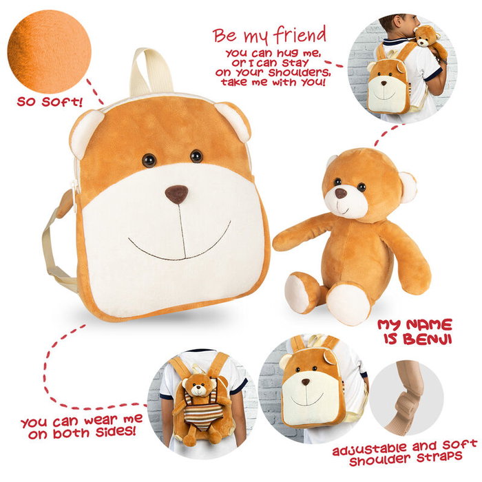 PERLETTI Mochila reversible pour enfant avec peluche ours Benji 25 cm - Taille 25x22x5 cm PERLETTI Mochila reversible pour enfant avec peluche ours Benji 25 cm - Taille 25x22x5 cm