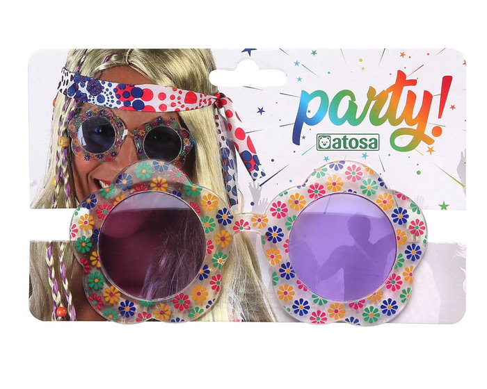 Lunettes de soleil hippie fleuries bleues pour femme adulte - Accessoire déguisement rétro et printanier
