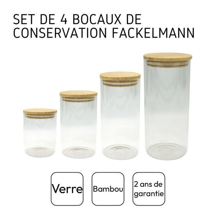 Fackelmann Set de 4 boîtes de conservation en verre et bambou