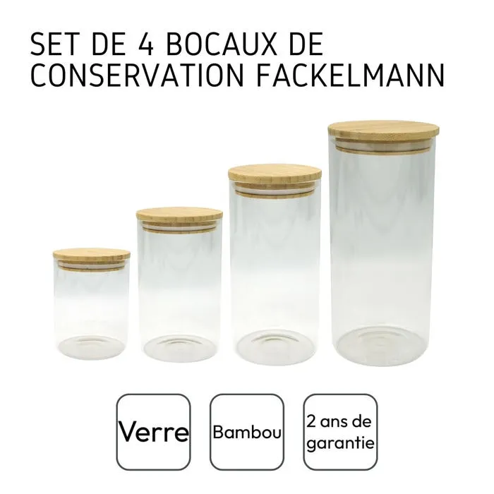 Fackelmann - Set de 4 boîtes de conservation en verre avec couvercles hermétiques en bambou - 0.9L, 1.15L, 1.5L, 2L - Pour aliments secs (riz, pâtes, café)