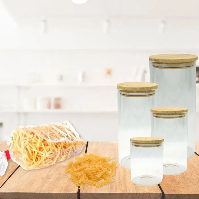 Fackelmann - Set de 4 boîtes de conservation en verre avec couvercles hermétiques en bambou - 0.9L, 1.15L, 1.5L, 2L - Pour aliments secs (riz, pâtes, café)