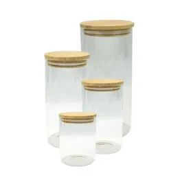 Fackelmann - Set de 4 boîtes de conservation en verre avec couvercles hermétiques en bambou - 0.9L, 1.15L, 1.5L, 2L - Pour aliments secs (riz, pâtes, café)