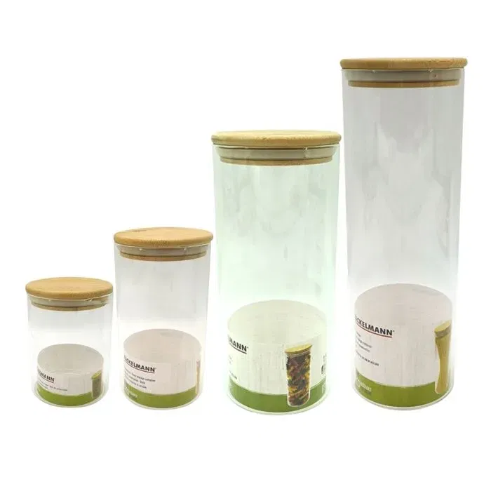 Fackelmann - Set de 4 boîtes de conservation en verre avec couvercles hermétiques en bambou - 0.9L, 1.15L, 1.5L, 2L - Pour aliments secs (riz, pâtes, café)