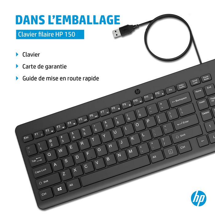 HP Clavier filaire ergonomique HP 150 - Clavier AZERTY Français avec pavé numérique, témoins LED et garantie de 2 ans